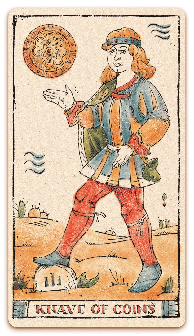 Knave of Coins card of the Curio & Co. Tarot of Musterberg deck - The 79-card deck - for game and cartomancy - by Curio and Co. (www.curioandco.com - Curio and Co. OG)