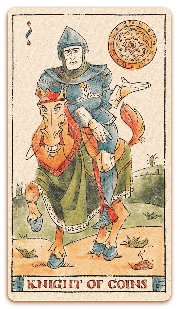 Knight of Coins card of the Curio & Co. Tarot of Musterberg deck - The 79-card deck - for game and cartomancy - by Curio and Co. (www.curioandco.com - Curio and Co. OG)