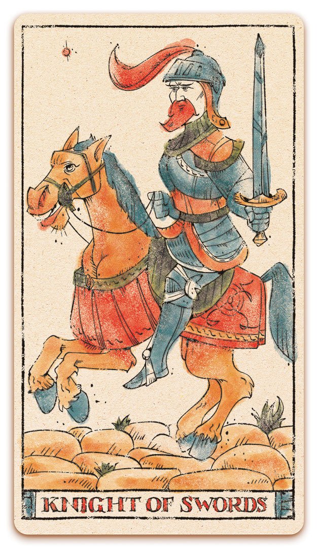 Knight of Swords card of the Curio & Co. Tarot of Musterberg deck - The 79-card deck - for game and cartomancy - by Curio and Co. (www.curioandco.com - Curio and Co. OG)