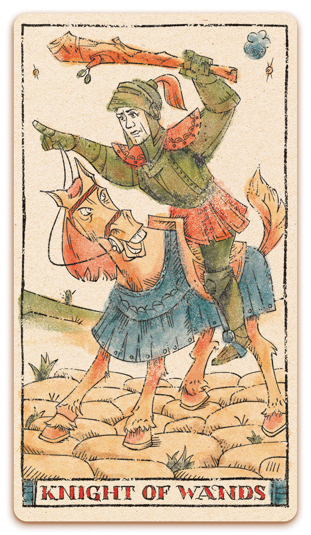 Knight of Wands card of the Curio & Co. Tarot of Musterberg deck - The 79-card deck - for game and cartomancy - by Curio and Co. (www.curioandco.com - Curio and Co. OG)