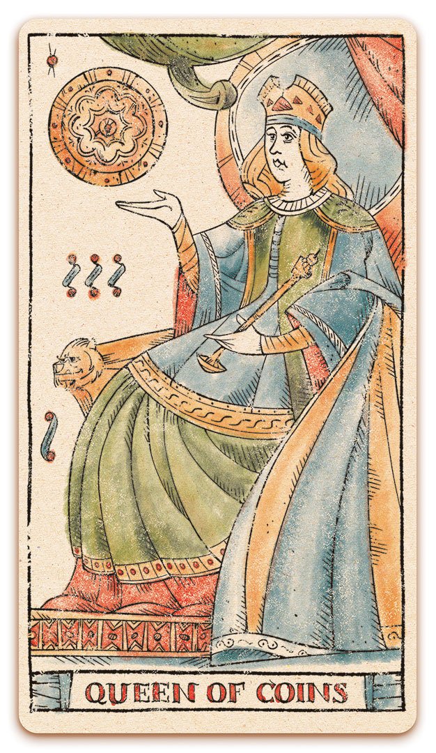 Queen of Coins card of the Curio & Co. Tarot of Musterberg deck - The 79-card deck - for game and cartomancy - by Curio and Co. (www.curioandco.com - Curio and Co. OG)