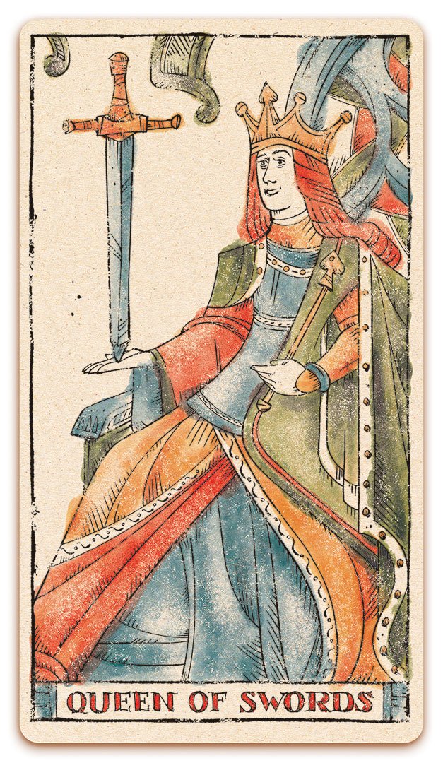 Queen of Swords card of the Curio & Co. Tarot of Musterberg deck - The 79-card deck - for game and cartomancy - by Curio and Co. (www.curioandco.com - Curio and Co. OG)
