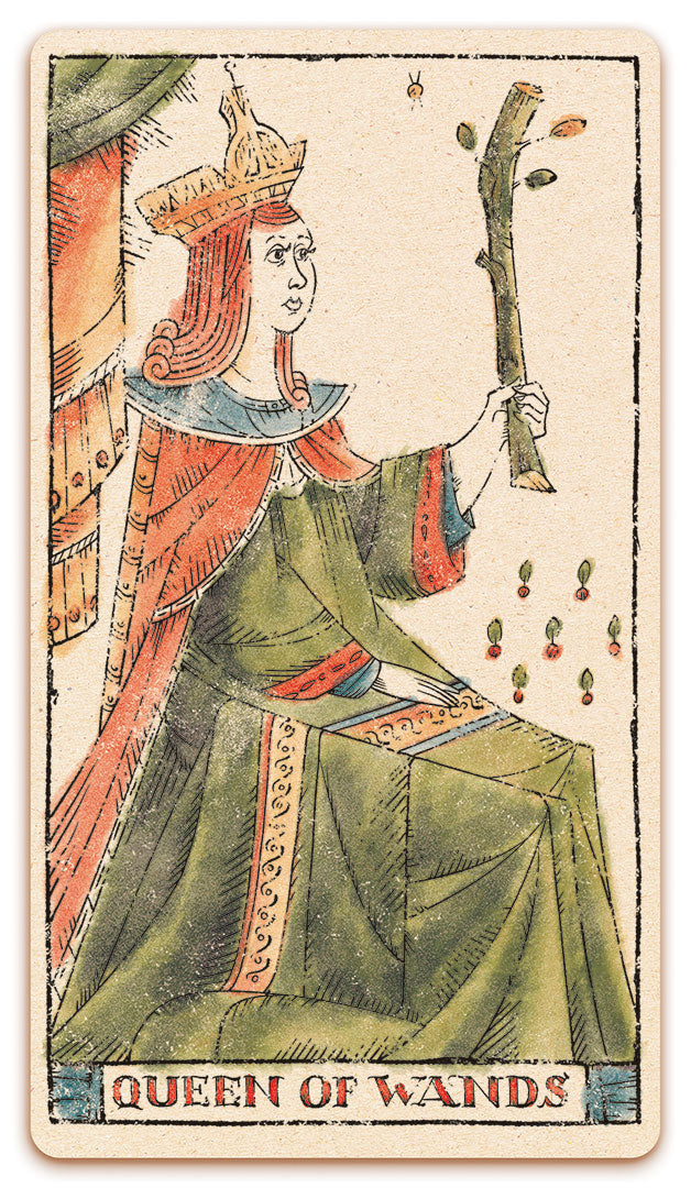 Queen of Wands card of the Curio & Co. Tarot of Musterberg deck - The 79-card deck - for game and cartomancy - by Curio and Co. (www.curioandco.com - Curio and Co. OG)