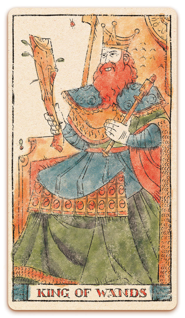 King of Wands card of the Curio & Co. Tarot of Musterberg deck - The 79-card deck - for game and cartomancy - by Curio and Co. (www.curioandco.com - Curio and Co. OG)