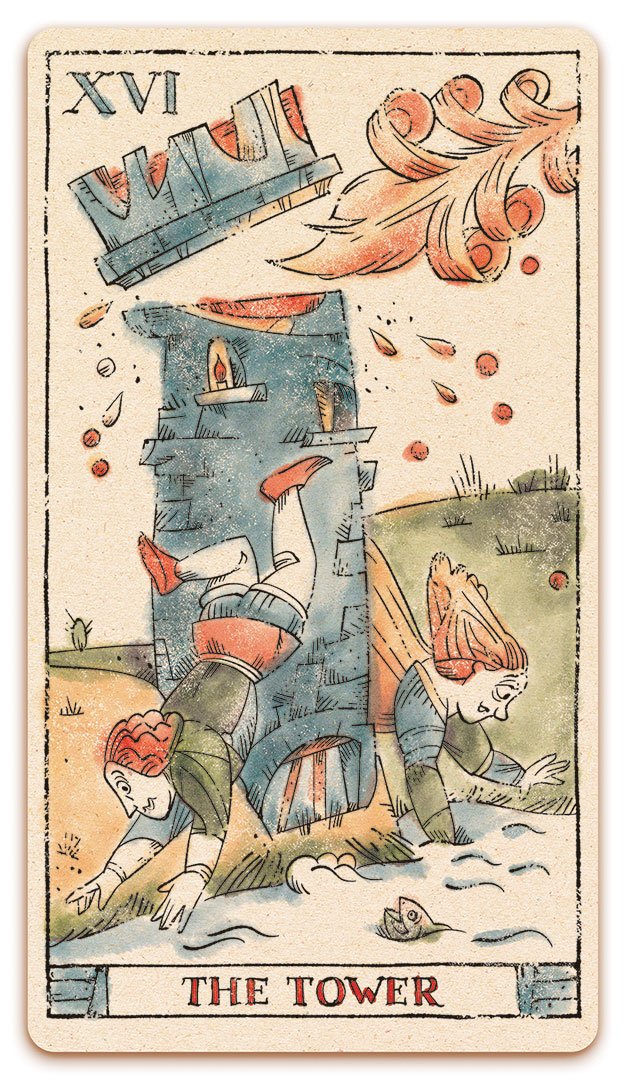 XVI - The Tower card of the Curio & Co. Tarot of Musterberg deck - The 79-card deck - for game and cartomancy - by Curio and Co. (www.curioandco.com - Curio and Co. OG)
