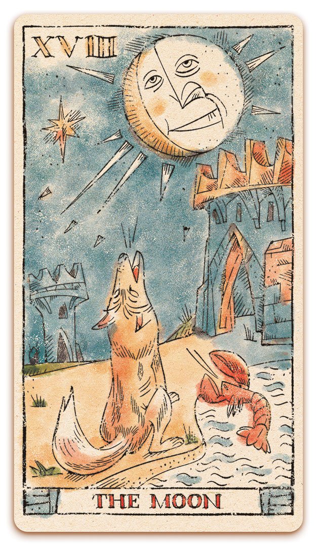 XVIII - The Moon card of the Curio & Co. Tarot of Musterberg deck - The 79-card deck - for game and cartomancy - by Curio and Co. (www.curioandco.com - Curio and Co. OG)