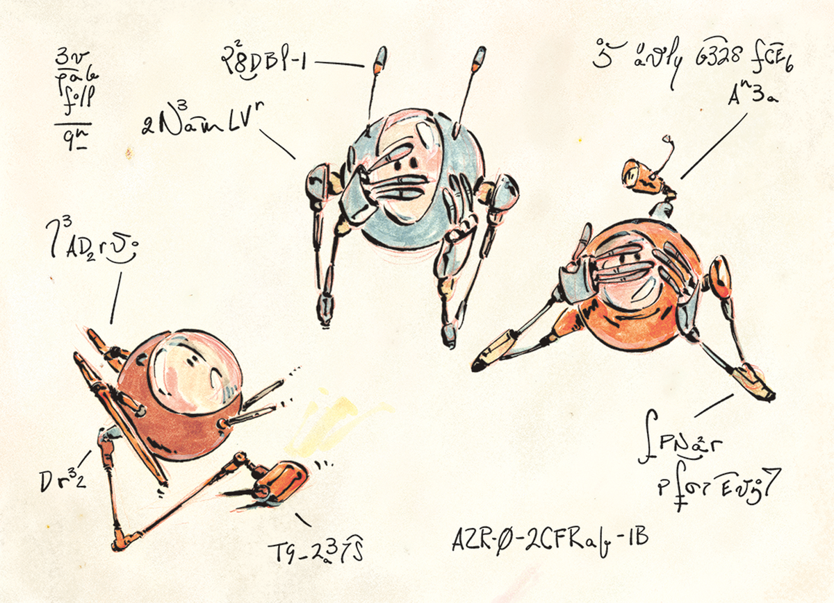 Hand-drawn illustration of AZR-0 robots: one hovers in full view while two cover their eyes with their hands, amid invented handwritten notation.