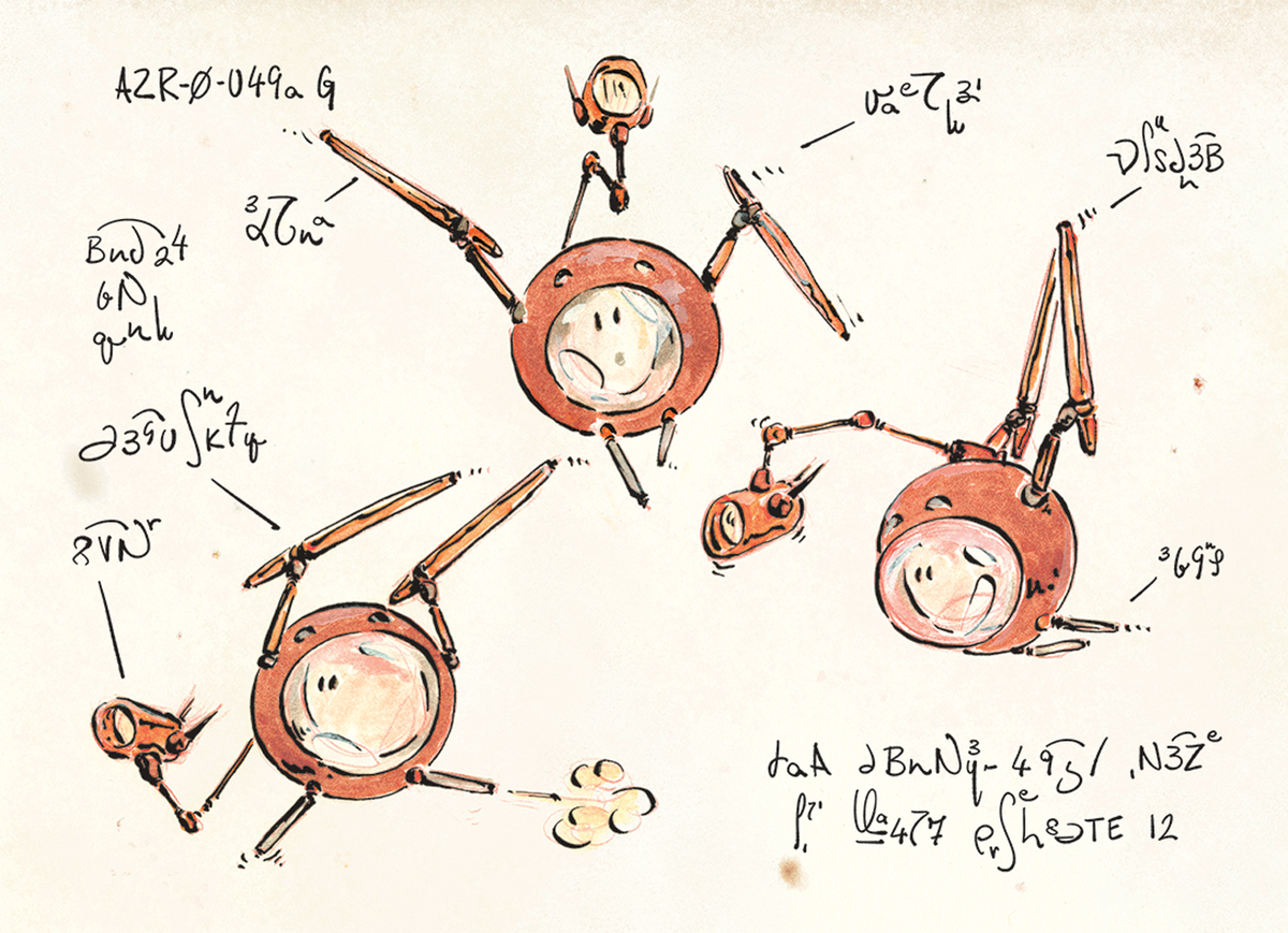 Hand-drawn illustration of three similar AZR-0 robots, two facing the viewer while one watches and films another, amid invented notation.