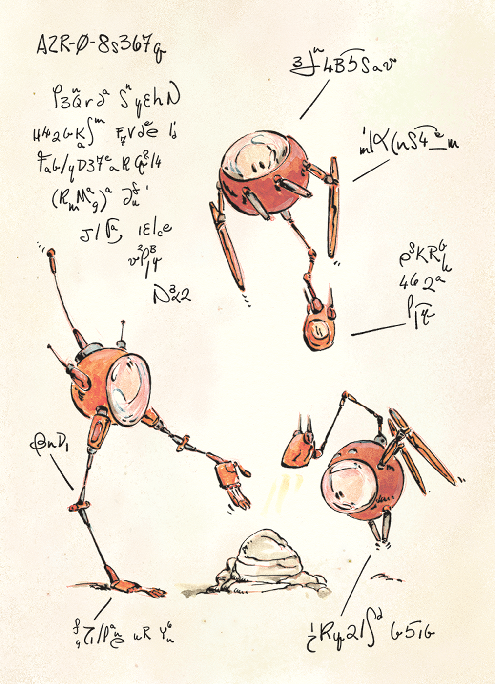 Hand-drawn illustration of three AZR-0 robots and a rock: one presents it, one peers closely, one hangs back, amid invented notation.