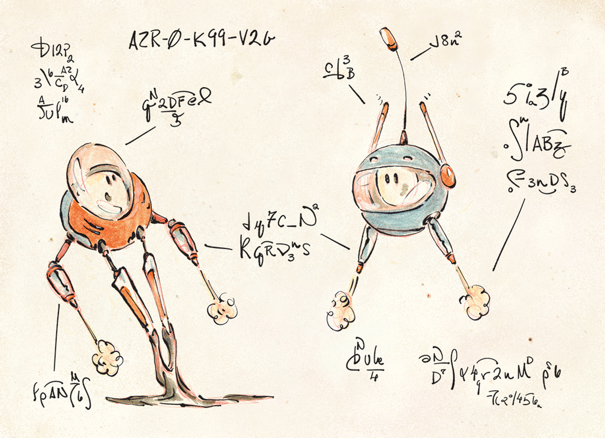 Hand-drawn illustration of two AZR-0 robots, one pulling free of a sticky substance, invented notation marking their propulsion systems.