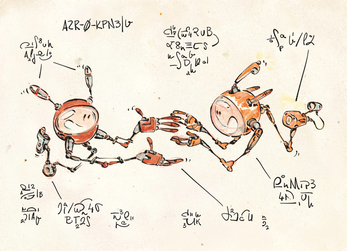 Hand-drawn illustration of two AZR-0 robots in conversation, arms outstretched, invented notation marking one hand.