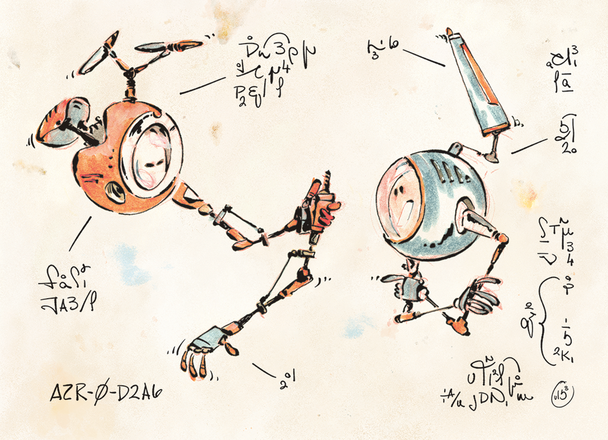 Hand-drawn illustration of one AZR-0 robot offering its detached arm to another, amid invented handwritten notation.