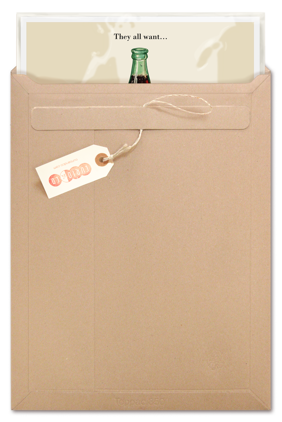 Illustrated vintage magazine ad of open Bunchy Cola, multiple bottle caps and bottle opener (circa 1950's) - in packaging