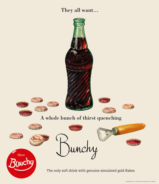 Illustrated vintage magazine ad of open Bunchy Cola, multiple bottle caps and bottle opener (circa 1950's)