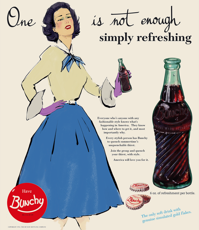 Illustrated vintage magazine ad with woman holding Bunchy Cola (circa 1950's)