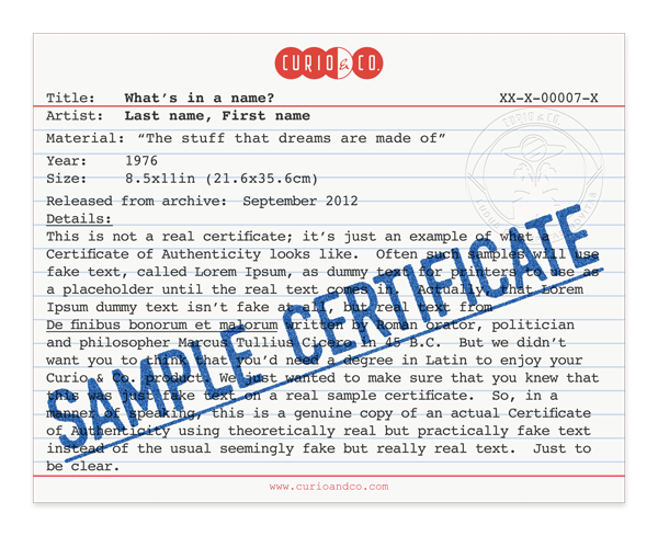 Sample certificate of authenticity