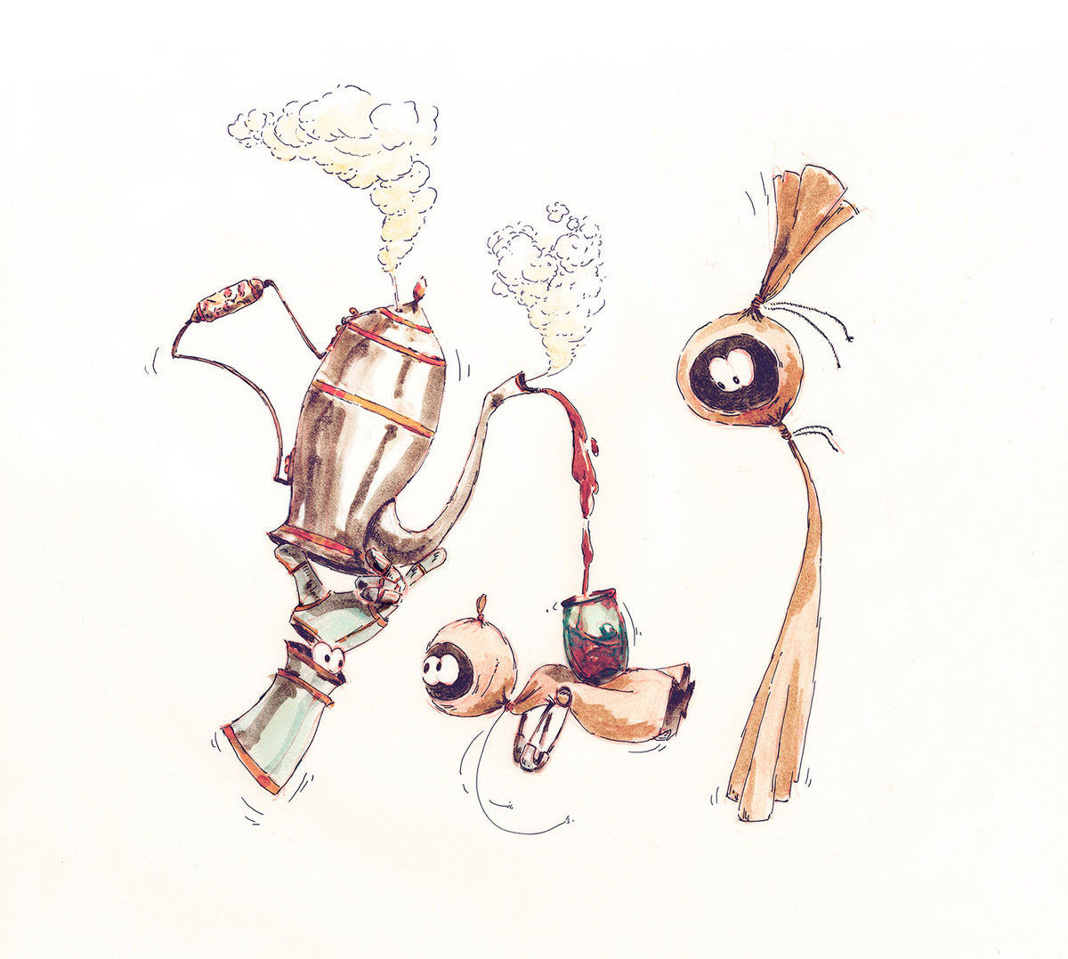 Charming illustration of three little ghosts pouring tea. One of the ghost is all packed in the serving gauntlet. Marker and pen on paper.