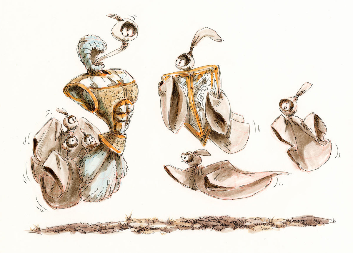 Charming illustration of ghost dressing up in medieval armor on white background. Marker and pen on paper.
