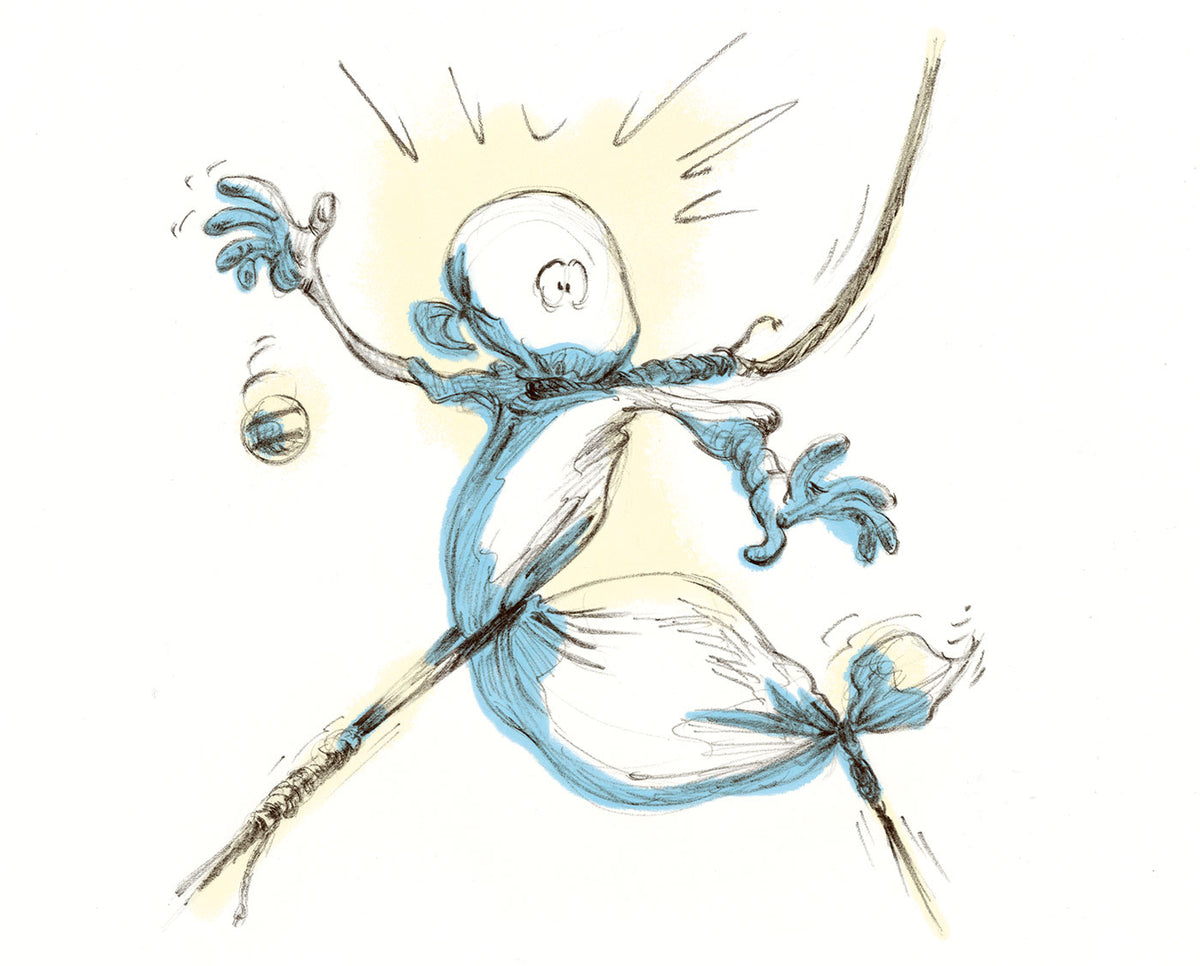 Pencil drawing of a ghost dropping a ball when caught by three different ropes. The illustration has blue and yellow colored highlights on white background.