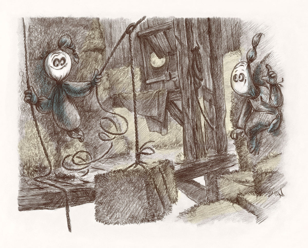 Pencil drawing of two ghost pulling up a bale of hey in a barn during a full moon. The illustration has blue and yellow colored highlights on white background.