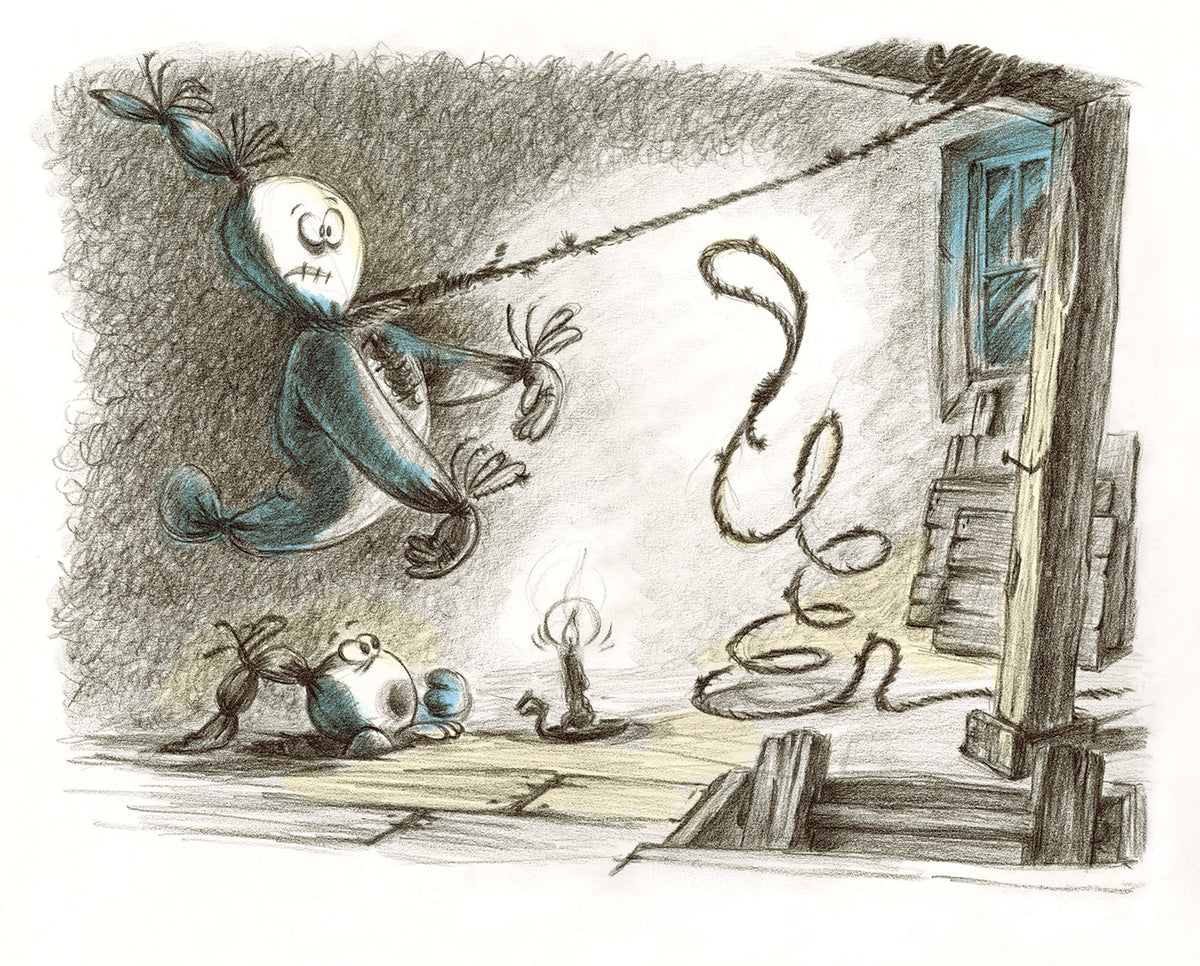 Pencil drawing of two ghost frightened by an animated rope in an old candle light storage room. The illustration has blue and yellow colored highlights on white background.
