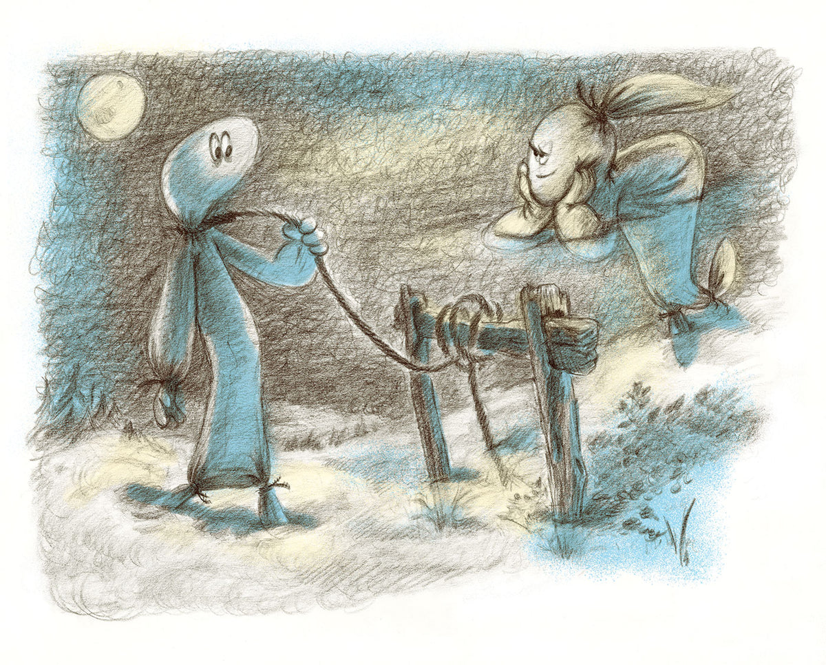 Pencil drawing of two young ghost meeting for tryst at moonlight. The illustration has blue and yellow colored highlights on white background.