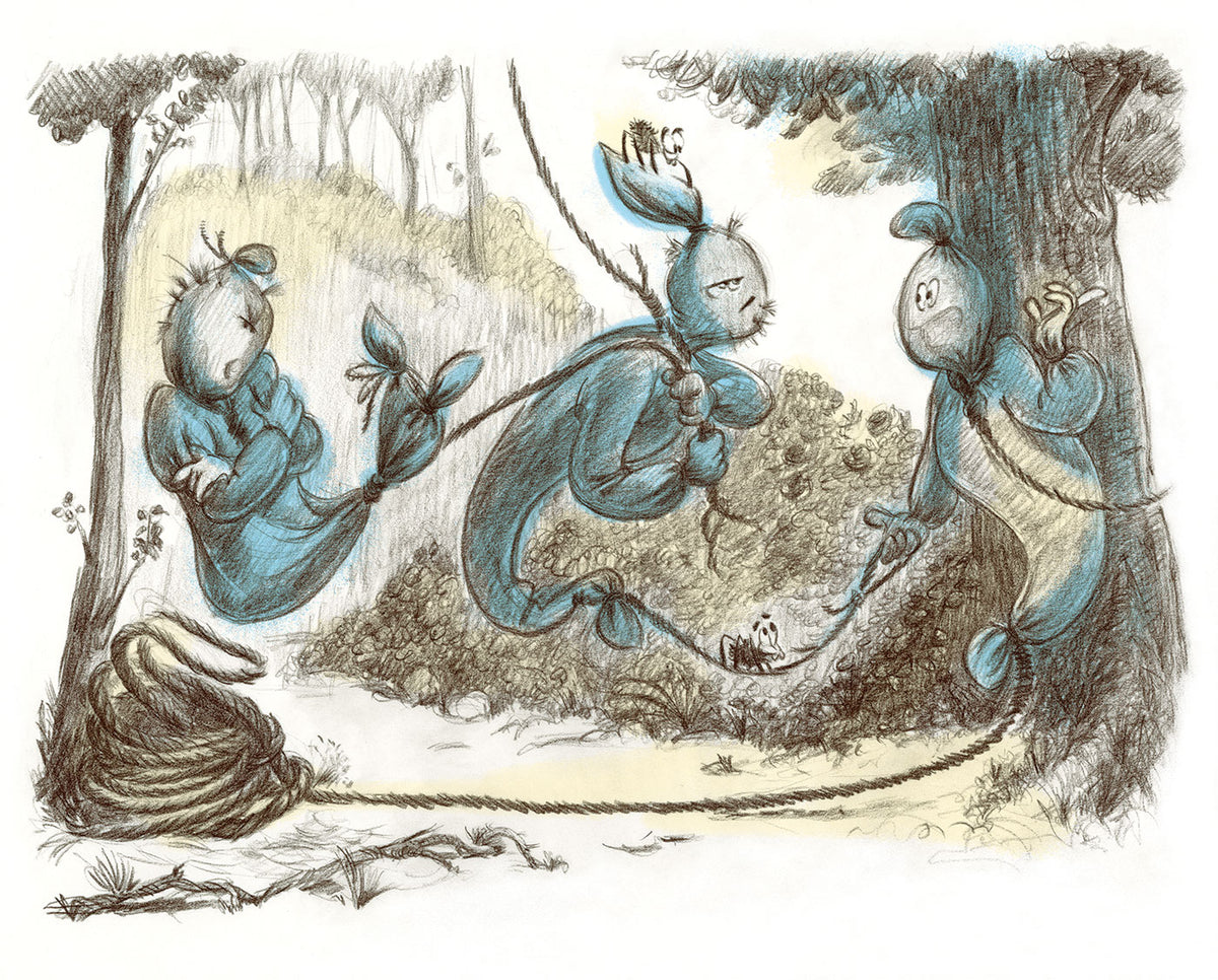 Pencil drawing of three ghost and two friendly spiders in the forrest. One ghost is forced to drag an unwilling ghost. The illustration has blue and yellow colored highlights on white background.