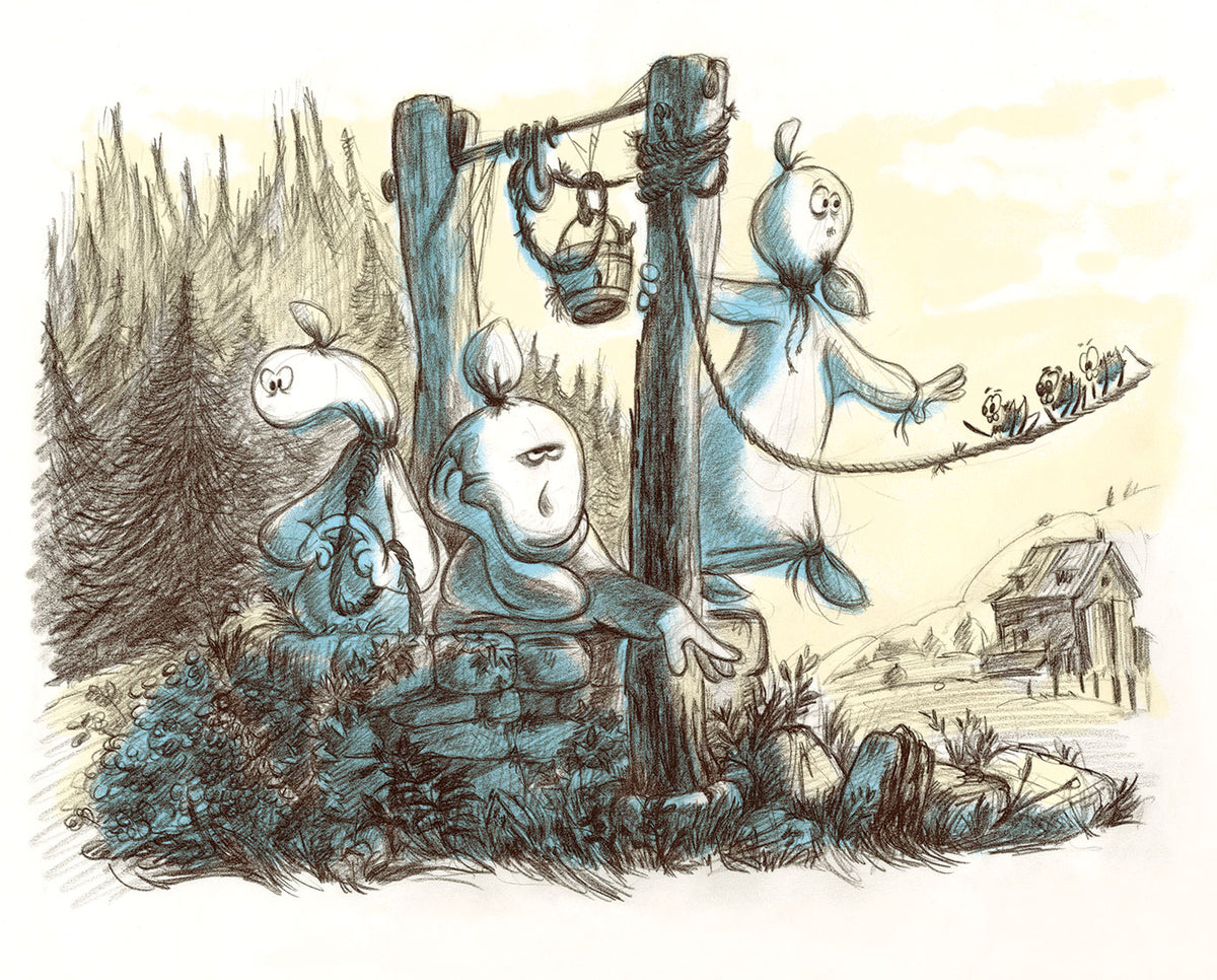 Pencil drawing of three ghost at a water well in the mountain. One of them is deep conversing with three spiders. The illustration has blue and yellow colored highlights on white background.