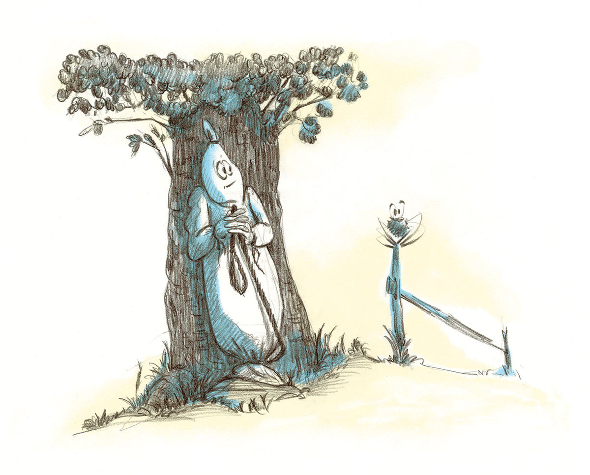 Pencil drawing of a ghost hiding behind a tree while a friendly spider is curiously and playfully looking for him. The illustration has blue and yellow colored highlights on white background.