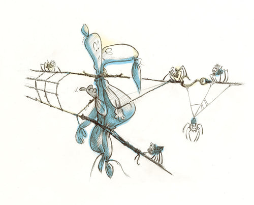 Pencil drawing of two ghosts tied up together in a net surrounded by spiders trying to figure out how to help. The illustration has blue and yellow colored highlights on white background.
