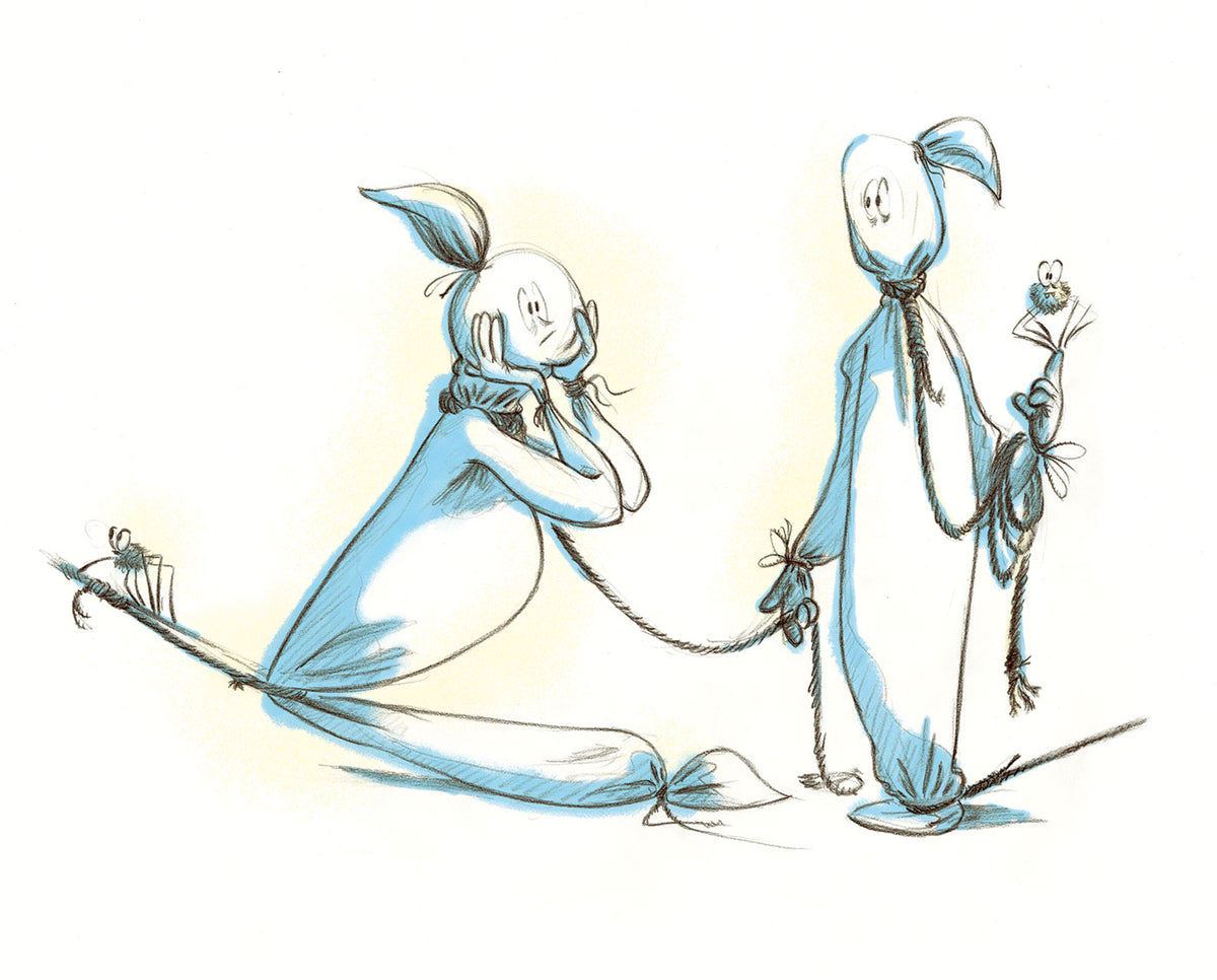 Pencil drawing of a puzzled ghosts and spiders. One ghost being pulled off by a rope. The illustration has blue and yellow colored highlights on white background.