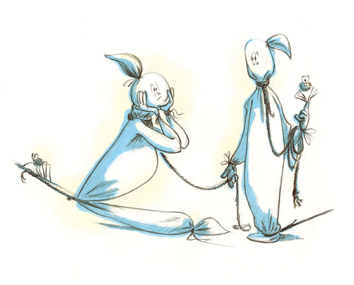 Pencil drawing of a puzzled ghosts and spiders. One ghost being pulled off by a rope. The illustration has blue and yellow colored highlights on white background.