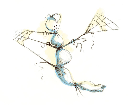 Pencil drawing of a puzzled ghost caught in a net. The illustration has blue and yellow colored highlights on white background.