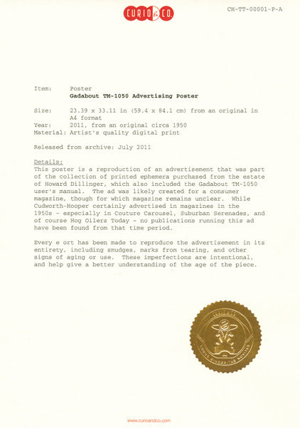 Certificate of authenticity Illustrated vintage ad of Gadabout time travel machine