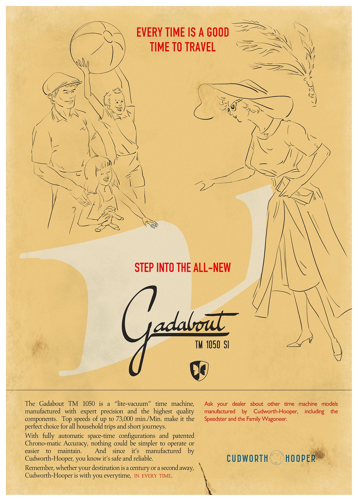 Ink line Illustrated vintage poster ad on beige background of youthful family of four ready to go on vacation with their Gadabout time travel machine