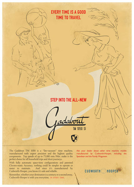 Illustrated vintage poster ad of youthful family of four ready to go on vacation as stepping into the Gadabout time travel machine (circa 1950's)