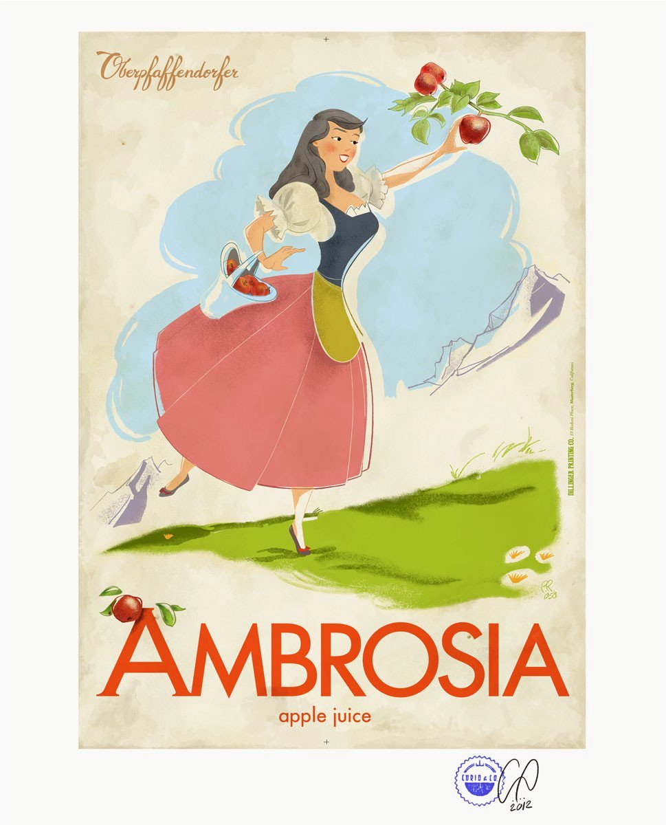 Illustrated vintage ad poster with girl in dirndl picking apples (circa 1950's - 1960's)