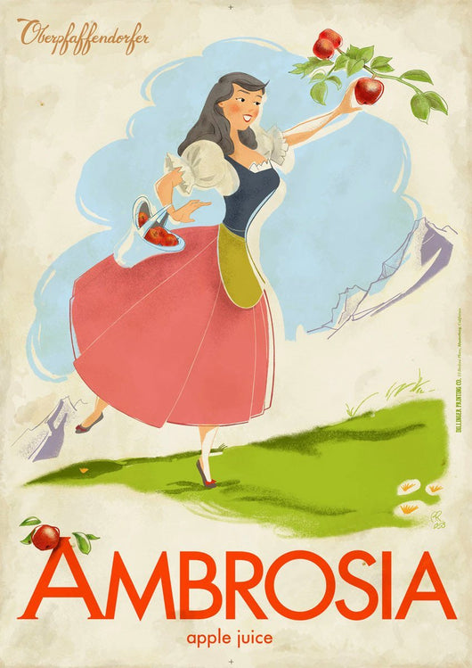 Illustrated vintage ad poster with girl in dirndl picking apples (circa 1950's - 1960's)