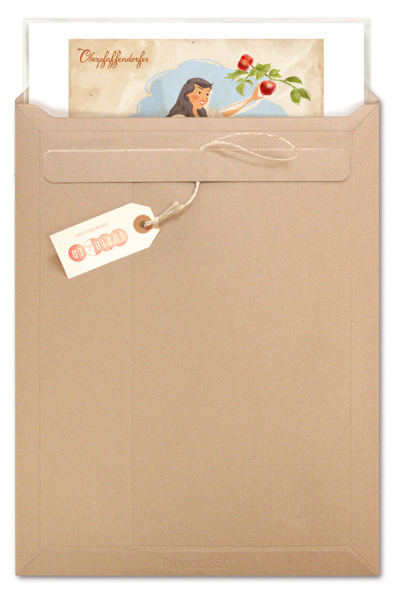 Illustrated vintage ad poster with girl in dirndl picking apples (circa 1950's - 1960's) - in packaging