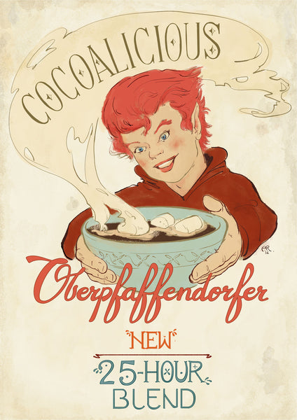 Illustrated vintage ad for hot coco and marshmallows served by elf (circa 1910's)