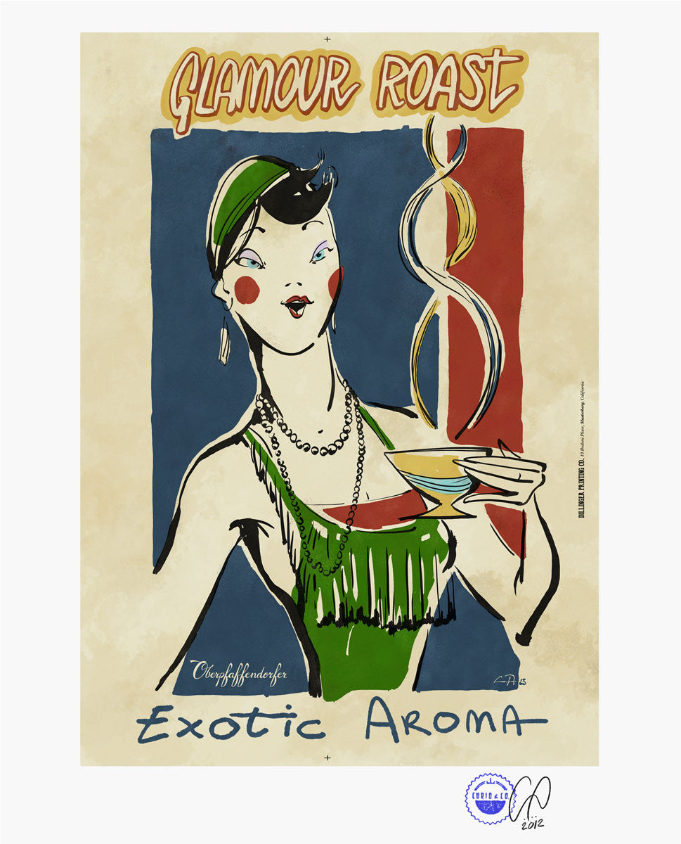 Illustrated vintage poster ad with flapper drinking coffee (circa 1920's) "Exotic Aroma"