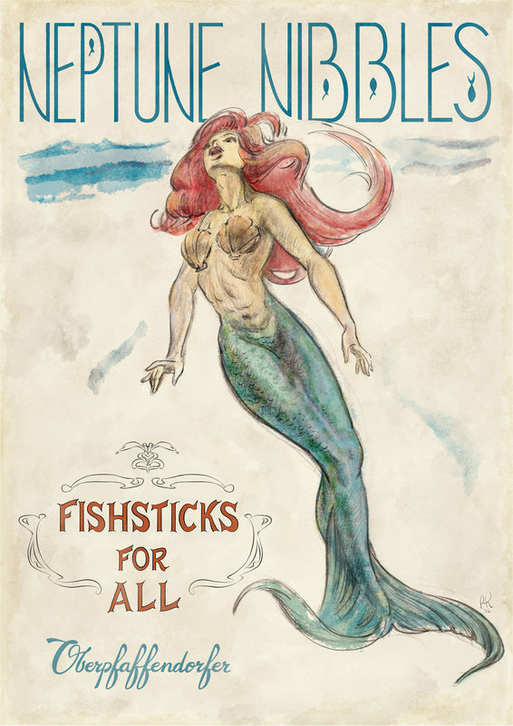 Illustrated mermaid vintage poster ad for fish sticks (circa 1910's)