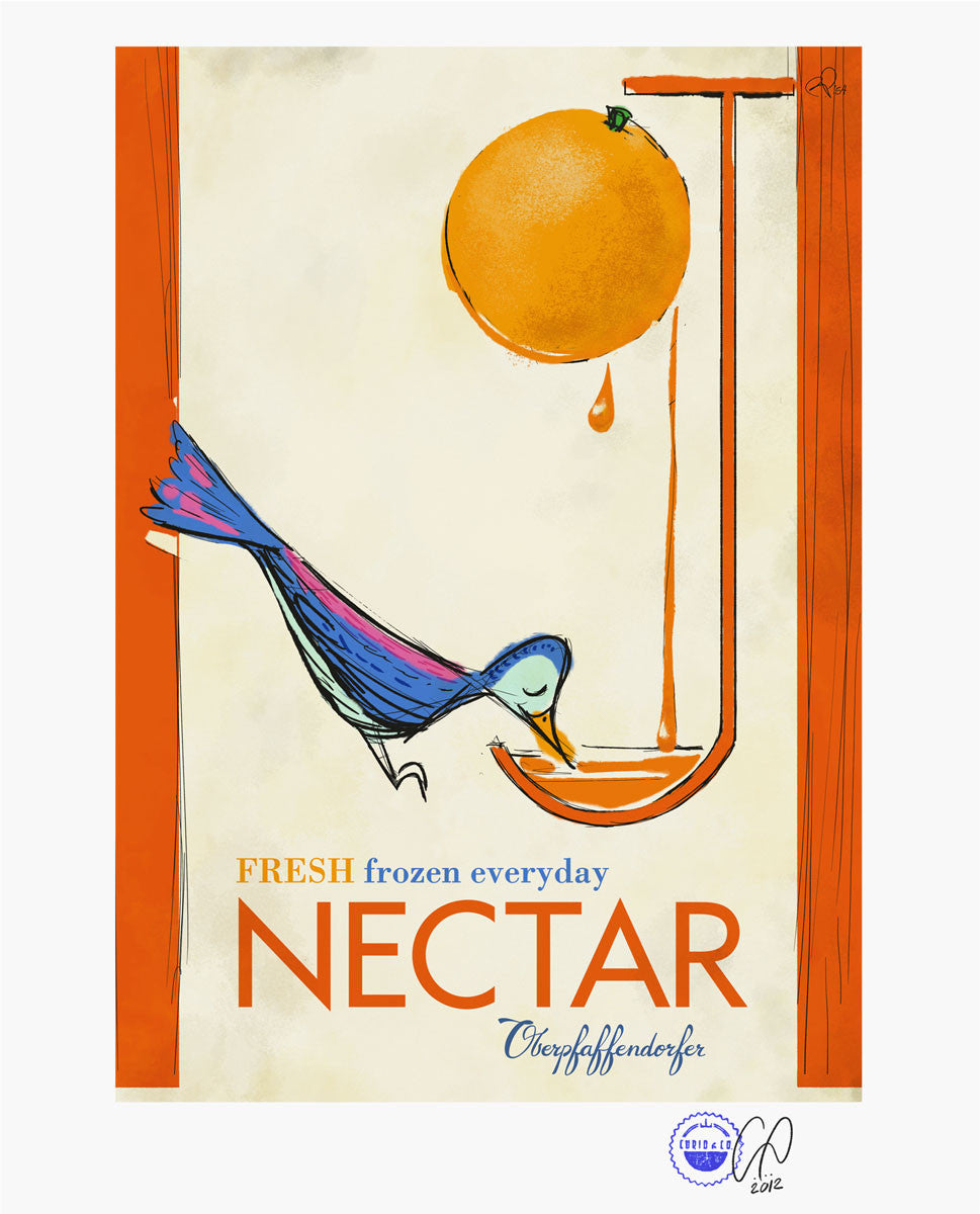 Vintage poster ad with bird drinking orange juice (circa 1910's)