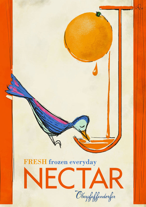 Vintage poster ad with bird drinking orange juice (circa 1910's)