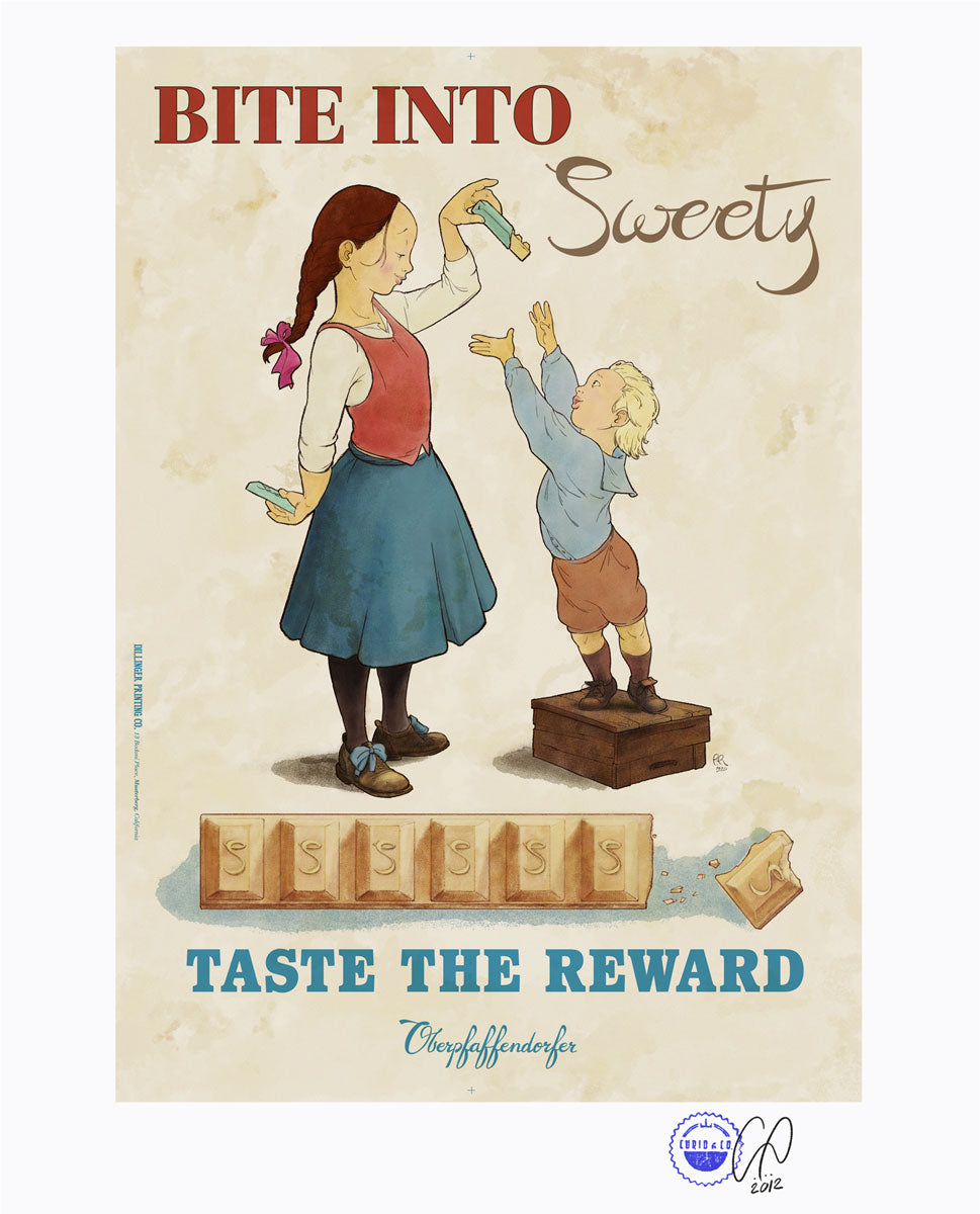 Illustrated vintage poster ad with young girls teasing young boy with Sweety chocolate bar (circa 1920's)