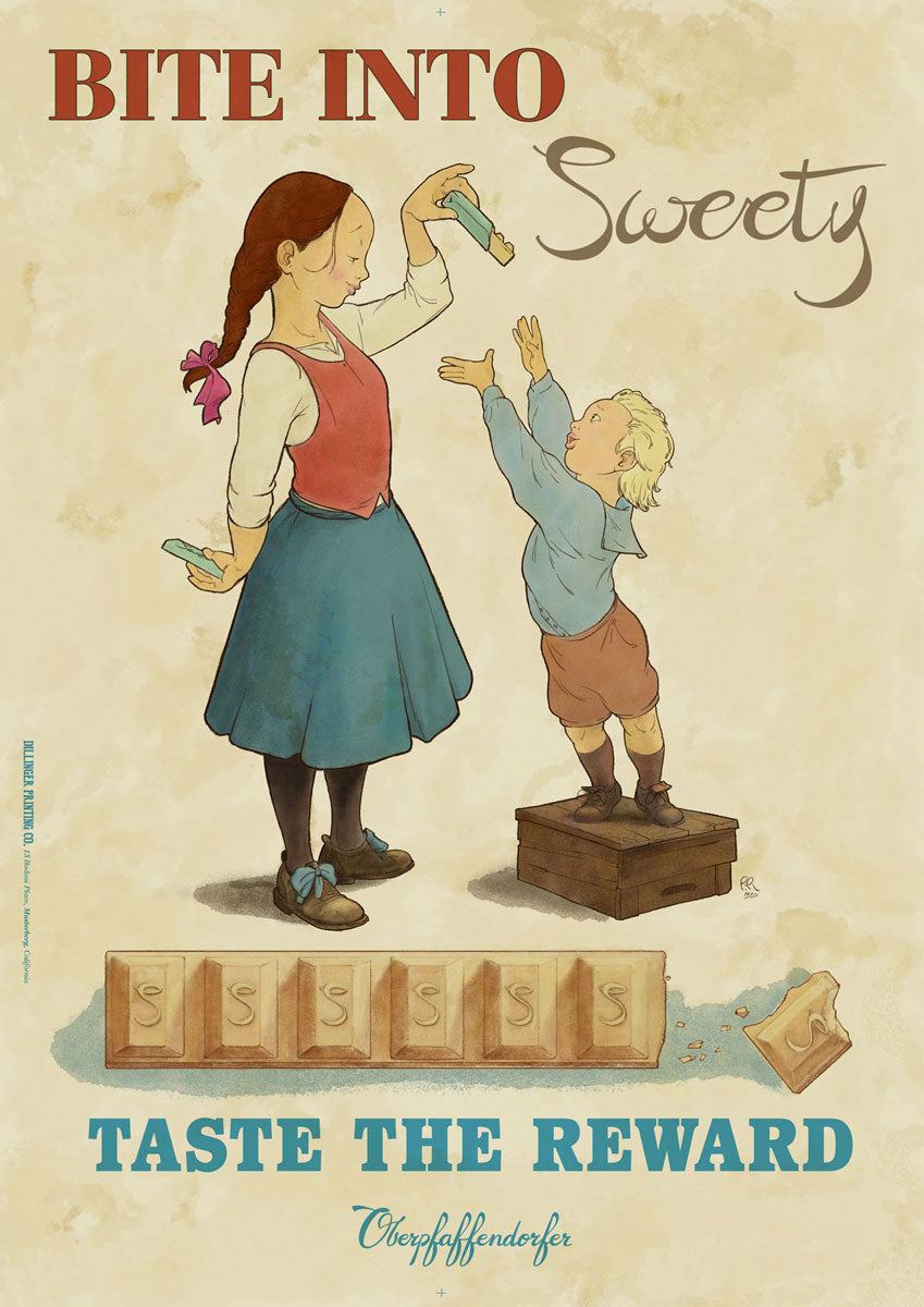 Illustrated vintage poster ad with young girls teasing young boy with Sweety chocolate bar (circa 1920's)