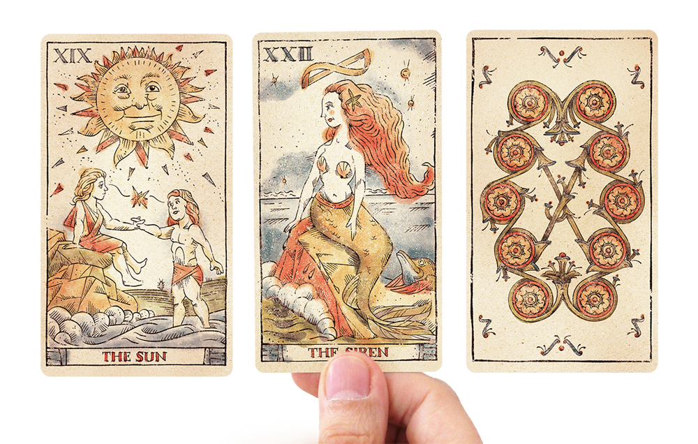 Tarot of Musterberg - The 79-card deck by Curio & Co. The Siren, The Sun, and the 10 of Coins cards - for game and cartomancy - by Curio and Co. (www.curioandco.com - Curio and Co. OG)