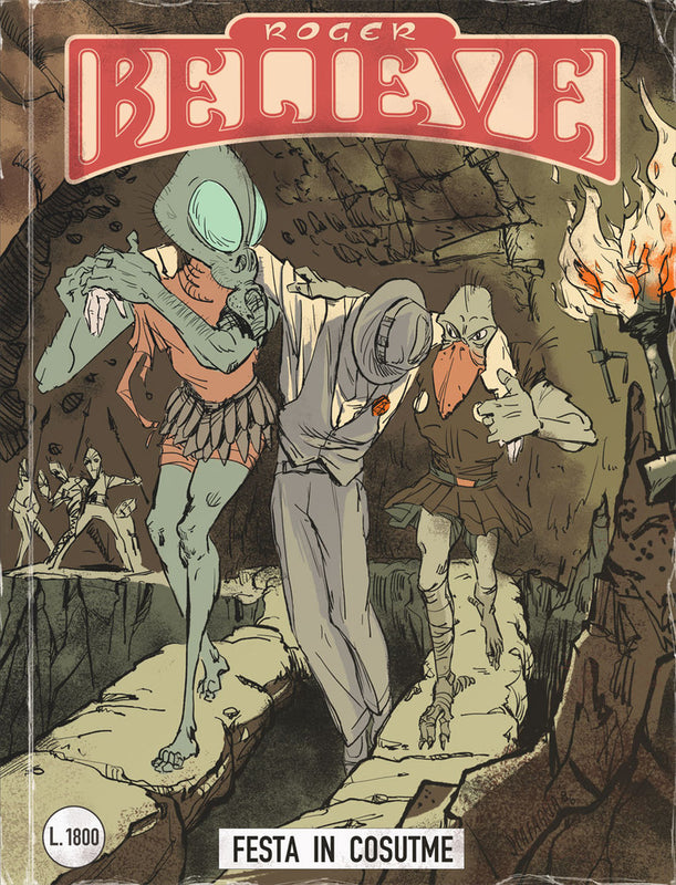 Illustrated comic book cover of Roger in a cave being carried by two creatures (circa 1980's) for an adventure in the vain of Dylan Dog and Martin Mystery