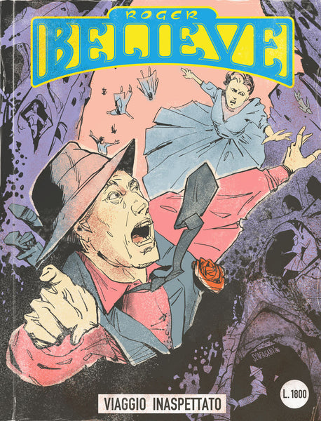 Illustrated comic book cover of Roger and others falling through a rocky valley (circa 1980's) for an adventure in the vain of Dylan Dog and Martin Mystery