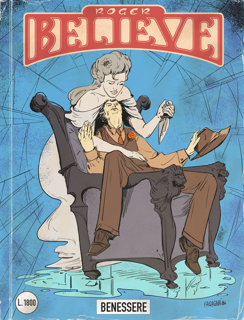 Illustrated comic book cover of woman holding nife and credling Roger (circa 1980's) for an adventure in the vain of Dylan Dog and Martin Mystery